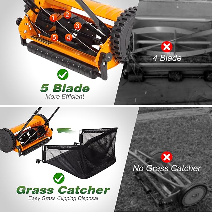 Walensee 16-Inch 5-Blade Push Reel Lawn Mower, Cordless Manual Reel Lawn Mower Walk-Behind Steel Lawn Mowers with Removable 7.9-Gallon Grass Catcher, Sponge Grip, 4-Position Cutting Height Adjustment