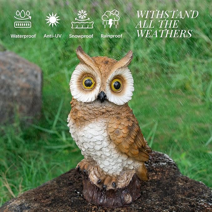 Solar Owl Garden Statues Outdoor Decor Resin Owl Figurine with LED Lights Owl Sculpture for Porch Patio Lawn Yard Decorations Halloween Christmas Housewarming Gifts for Women Mom,Brown Owl