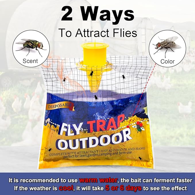 Disposable Fly Traps 10 Pack Bags Outdoor, Flies Catcher Traps with Natural Pre-Bait Refill Repellent, Reusable Stable Horse Ranch Trapper Outdoor Hanging Killer Helps Control
