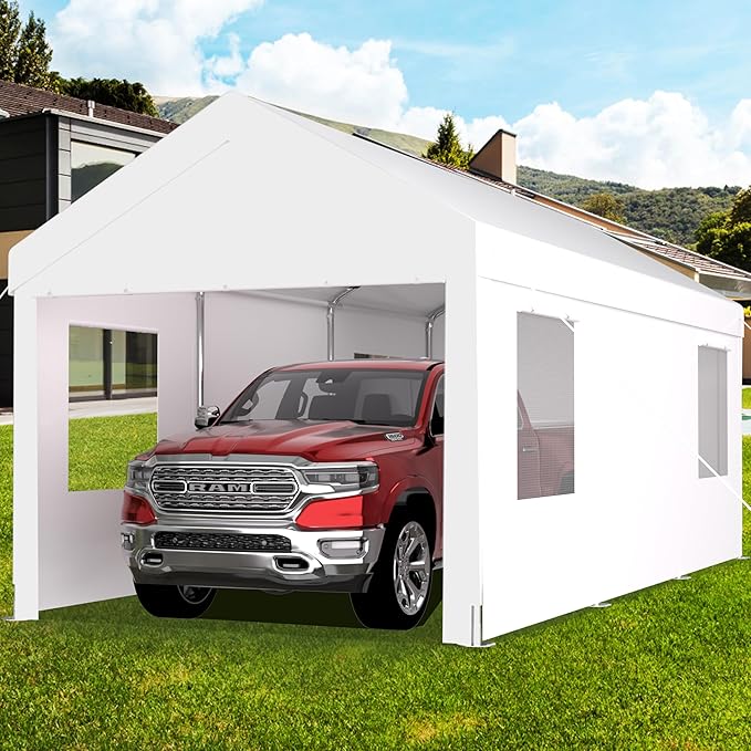 Carport 12x20 Ft Heavy Dut Car Port Canopy, Portable Garage with Removable Sidewalls & Doors for Car, Truck, Boat, Garden Tools (White)