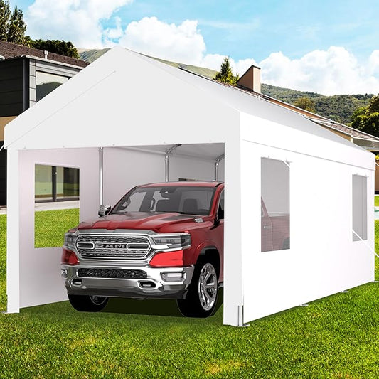 Carport 12x20 Ft Heavy Dut Car Port Canopy, Portable Garage with Removable Sidewalls & Doors for Car, Truck, Boat, Garden Tools (White)
