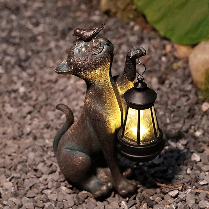 Outdoor Cat Statues Solar Garden Decor : Cat Figurine with Bird Decor,Unique Garden Art for Porch Patio Balcony Yard Lawn Ornaments - Birthday Housewarming Gifts for Grandma Mom Women
