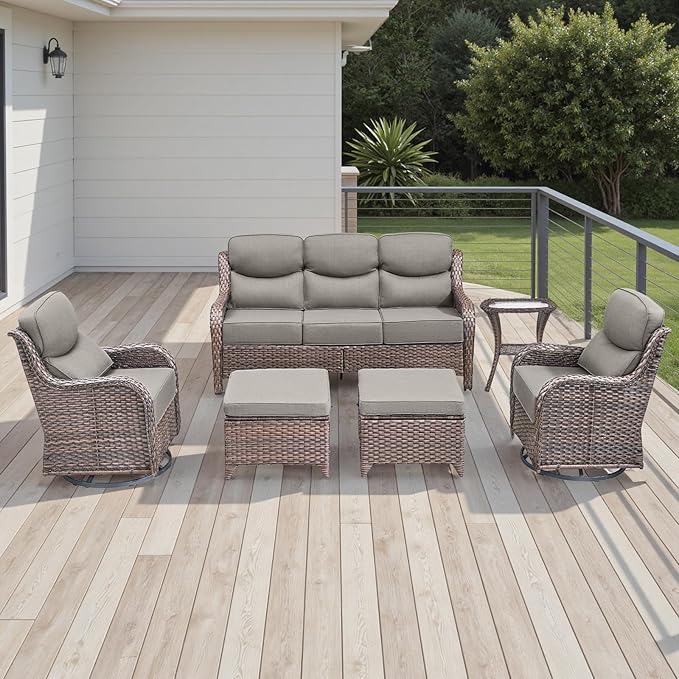 Wicker Outdoor Patio Furniture Set - 6 Piece Patio Conversation Sets with Swivel Rocker Chairs, Ottomans, Sofa and Side Table, 6 inch Cushions, Waterproof Wicker, for Porch Deck Brown/Beige