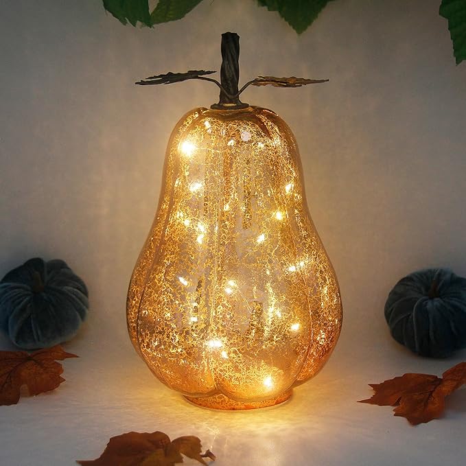 Mercury Glass Pumpkin Lights with Timer, Battery Operated Led Pumpkin Lights for Halloween Fall,Thanksgiving Rustic Decor (Rosegold Leafy, 11")