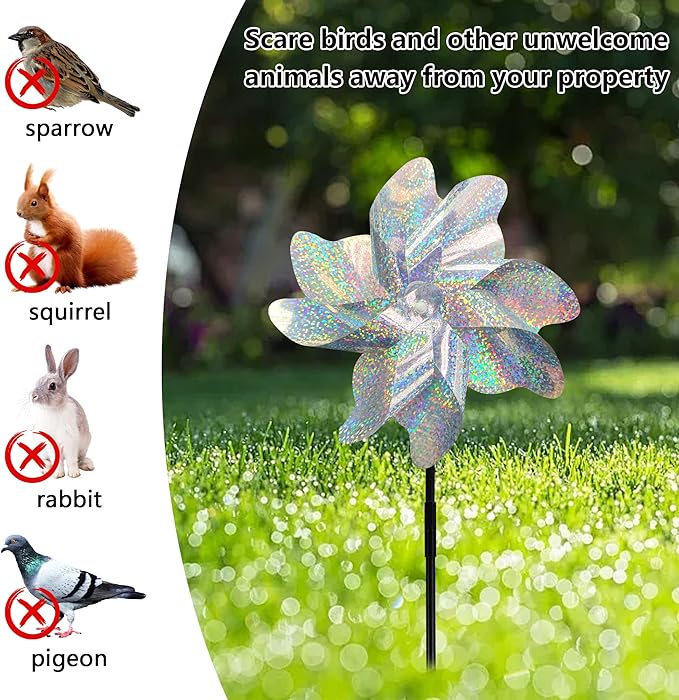 Reflective Bird Repellent Pinwheels, 7.1 inches in Diameter,Silver dot 8-Blade Reflective Windmill, Outdoor Bird Deterrent, High Reflective Effect, for Yard, Balcony, Garden, Scare Birds.