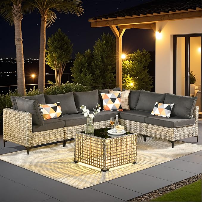 Outdoor Sectional Patio Furniture Set with Glowing Table,7 Pieces Wicker Conversation Sets L Shaped Couch Out Door Sofa Set Outside Furniture for Garden Deck Yard Porch,Black