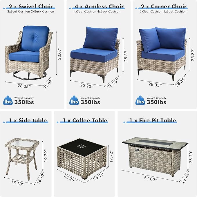 HOOOWOOO Outdoor Patio Furniture Set with Fire Pit Table,11 Pieces Wicker Out Door Sectional Furniture L Shaped Couch,Outside Patio Conversation Swivel Chair Sets,Navy Blue