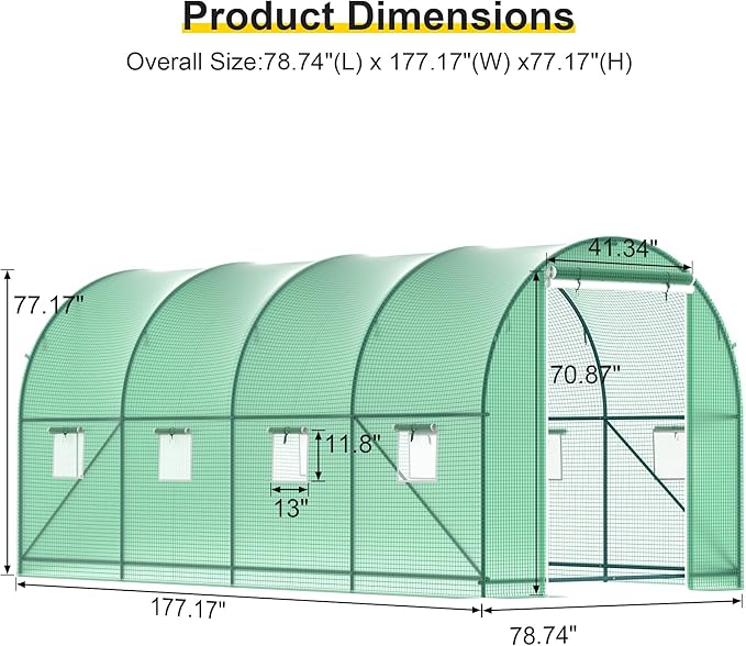 15x7x7 FT Walk-in Greenhouse for Outdoors w/ Watering System,8-Ventilated Screen Window Portable Greenhouse for Winter Plant Protection w/ 2-Zipper Door,PE Cover & Heavy Duty Frame