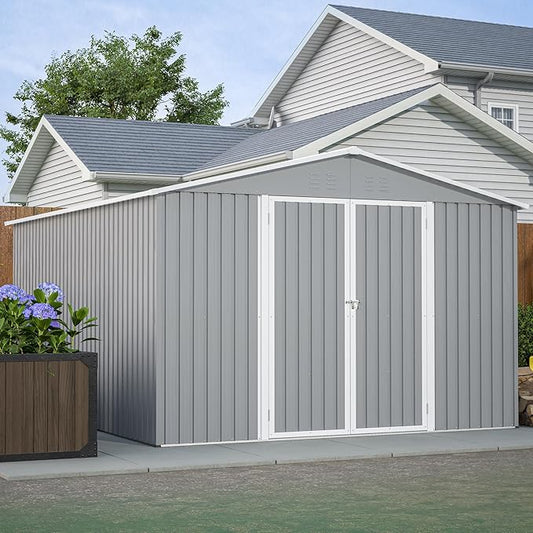 Metal Shed10x12 ft Outdoor Storage Shed,Metal Steel Utility Tool Shed Storage House with Double Lockable Doors and Air Vent for Backyard Garden Patio Lawn Gray