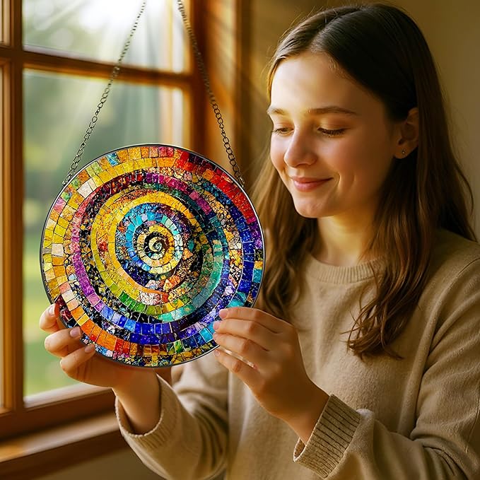 Stained Glass Window Hanging, Pauyadu 8 Inch Rainbow Spiral Stained Glass Suncatcher, Home Decor for Windows, Art Lovers Gifts, Christmas, Birthday Gift Ideas, Gifts for Best Friend, Lovers