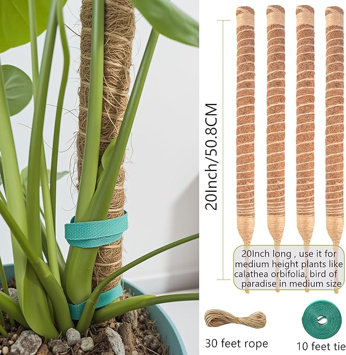 4 Pack Bendable Moss Pole 20 Inch, Monstera Plant Support Stake,Coco Coir Pole Sticks for Indoor Plants,Climbing Potted Plants，Pothos, Philodendron with Plants Ties
