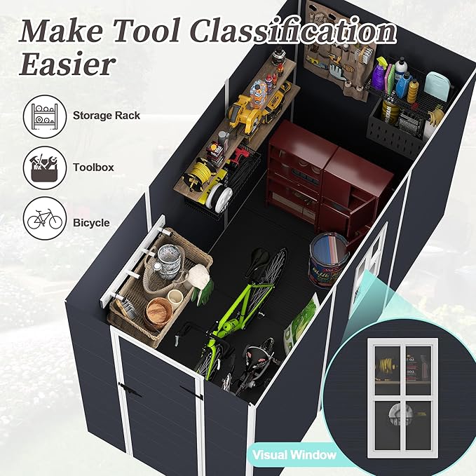 Outdoor Storage Shed 8x4 FT, Resin Shed with Floor & Window, Lockable Door, Vents, Outside Sheds & Garden Shed for Patio Furniture, Gardening Tools, Bike Accessories and Lawn Mower (Dark Gray, 4*8ft)