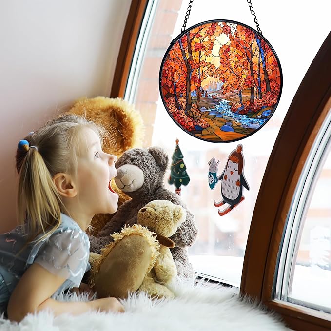 TNUW Fall Autumn Stained Glass Window Hanging, Rustic Autumn Forest Landscape Sun Catchers Indoor Window Glass Round Wall Art Decor, Fall Wall Hanging Decorations, 7.9＂x7.9＂