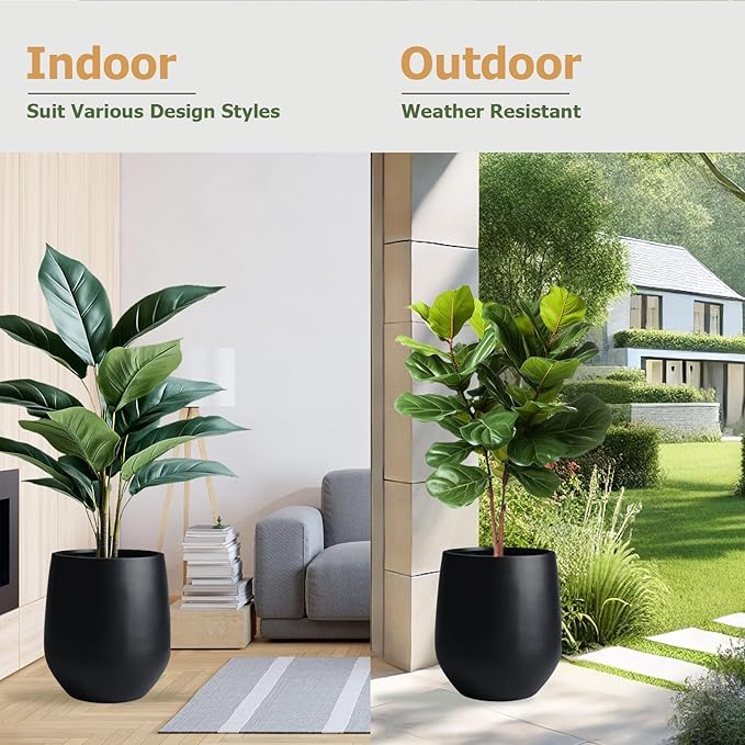 12.5"H x 11.4"D Corso Fiberstone Round Tapered Planter with Drainage Hole, Smooth Finishes, Weather Resistant for Indoor and Outdoor Use, Included 2 Extra Coco Mats (Black, 9" Pot Opening)