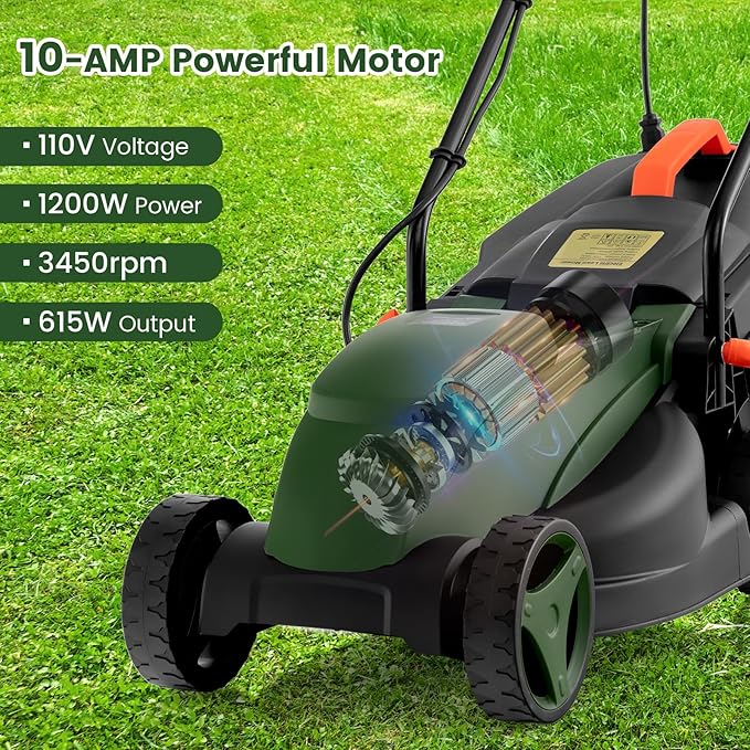 S AFSTAR Electric Lawn Mower, 10-AMP 13-Inch Corded Walk-Behind Lawnmower with Collection Box, 3 Adjustable Height Position, Self Locking Function, Push Lawn Mower for Backyard