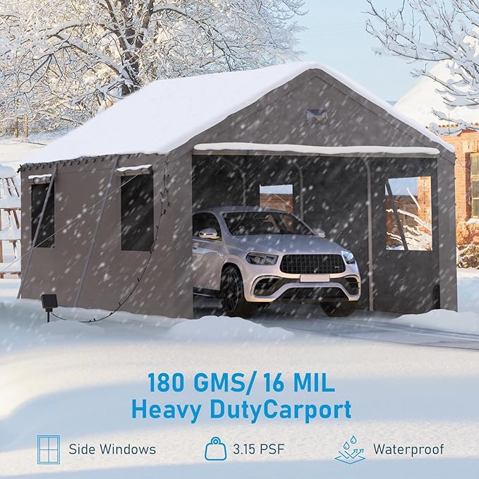 12x20 Carport Canopy, Heavy Duty Car Port, Portable Car Ports Garage with 2 Roll-Up Zipper Drive Through Doors, Grey