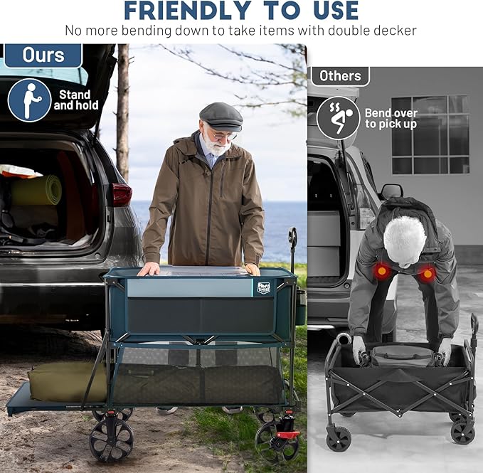 TIMBER RIDGE 400L Large Capacity Folding Double Decker Wagon with Brakes, 54" Extra Long Extender Wagon Cart, 450lbs Heavy Duty Collapsible Cart, All-Terrain Big Wheels for Camping, Sports, Shopping