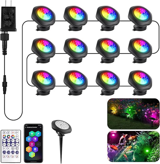 T-SUN Smart RGB Pond Lights, Halloween Outdoor Underwater Light with App & Remote, IP68 Waterproof Submersible Fountain Light, Music Sync, 16M Colors, Timer, Dimmable, Koi Pond, Garden, Set of 12