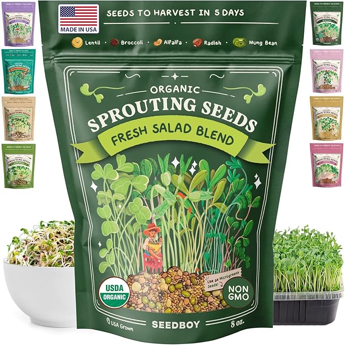 Seedboy Organic Sprouting Seeds - Salad Blend Variety- Non-GMO, USA Grown Microgreens Mix - Alfalfa, Broccoli, Radish, Mung Bean, Lentil - Makes 8 Quarts of Sprouts, 24 Servings (8 oz) (Salad Blend)