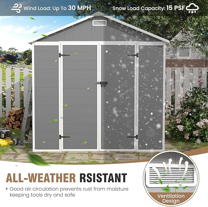 Outdoor Storage Shed, 8x10 FT Resin Shed with Floor and Lockable Door, Window & Vents, Tool Sheds and Outdoor Storage for Bike, Tools, Garden Accessories, Waterproof Grey & White