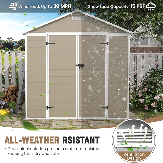 Outdoor Storage Shed, 8x6 FT Resin Shed with Floor Included and Lockable Door, Window & Vents, Tool Sheds, Outdoor Storage for Bike, Garden Accessories, Tools, Waterproof (Light Brown)