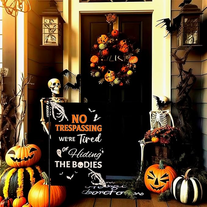 Halloween Garden Flag No Trespassing We're Tired of Hiding the Bodies Yard Flags Skeleton Skull Ghost Bat Burlap Garden Flags for Holiday Outdoor Decor 12x18 Inch Vertical Double Sided