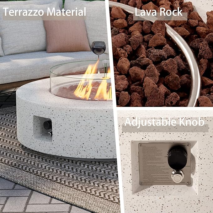 SUNBURY Outdoor 42 Inch Propane Fire Pit Table, Patio Gas Fire Table 50,000 BTU Fire Pit for Outside in Spotted White w Glass Wind Guard, Lava Rocks