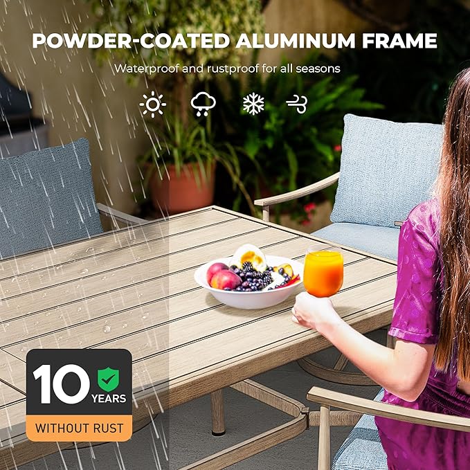 HAPPATIO 9-Piece Patio Dining Set for 8, Aluminum Outdoor Dining Set with Cushions, 8 Swivel Dining Chairs, 1 Large Rectangular Table with Umbrella Hole for Lawn, Porch, Backyard, Brown