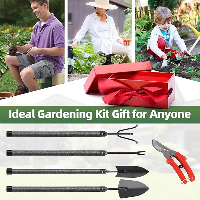 Garden Tool Set, 5Pcs Garden Tools with Extensions, Heavy Duty Rustproof Metal Gardening Tool Shovel Weeder Tiller Pruning Shear Gardening Supplies Garden Gifts for Women Kids