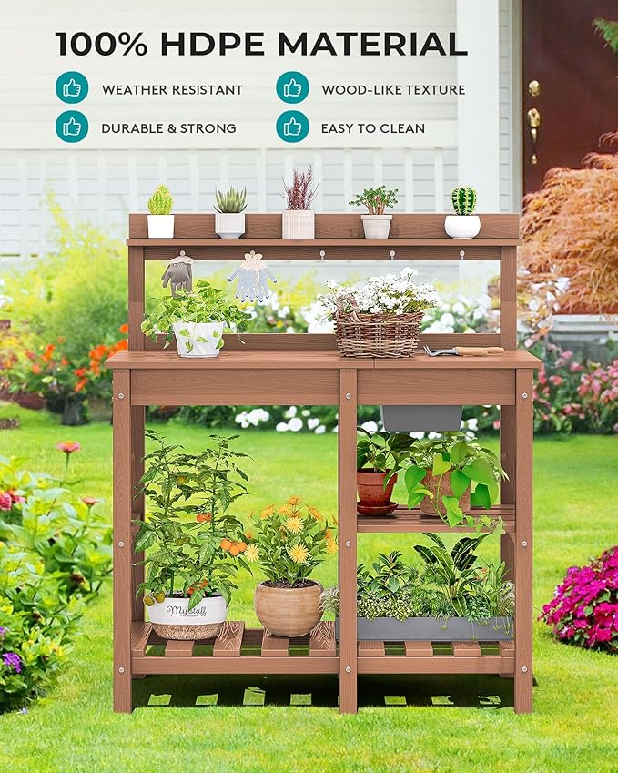 SERWALL Potting Bench Outdoor Potting Table with Sink, HDPE Teak Potting Benches for Outside Gardening Table All Weather Use- Brown
