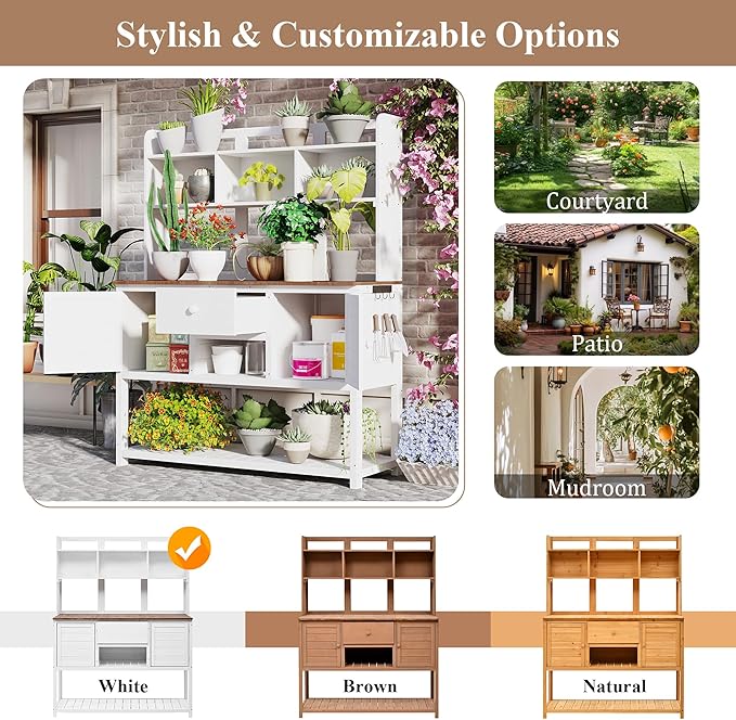 Outdoor Wooden Potting Bench Table – Farmhouse Garden Workstation with Drawers, Cabinet & Storage Shelves, Large Fir Wood Work Table for Patio, Backyard, Mudroom, Greenhouse (White & Brown, 66'' H)