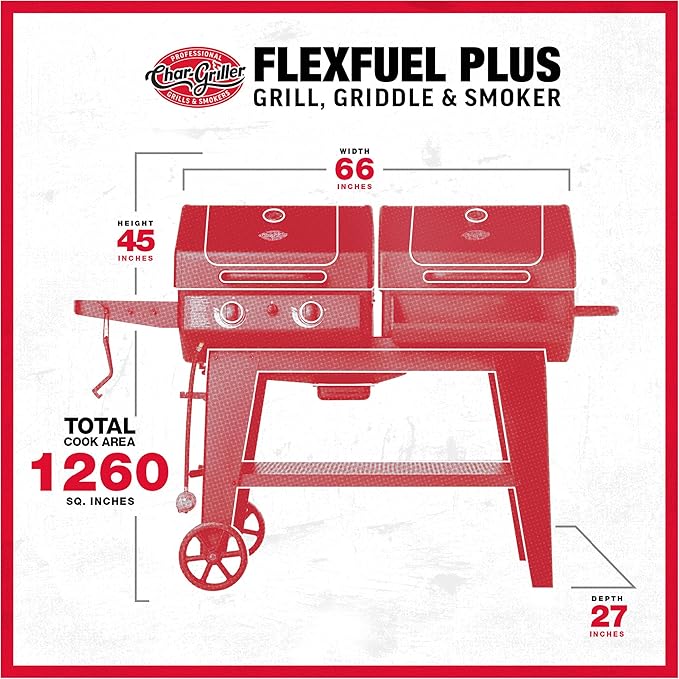 Char-Griller Flex Fuel Plus 3 in 1 Gas and Charcoal Grill Griddle and Smoker Combo 30000 BTUs Outdoor BBQ with Flat Top Griddle Insert Dual Fuel Backyard Grill Station, CG30281224