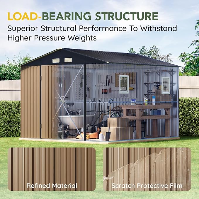 Breezz Outdoor Storage Shed 10 x 10ft. Utility Tool Shed Metal Storage Garden Shed with Lockable Doors & Windows for Patio Storage,Brown