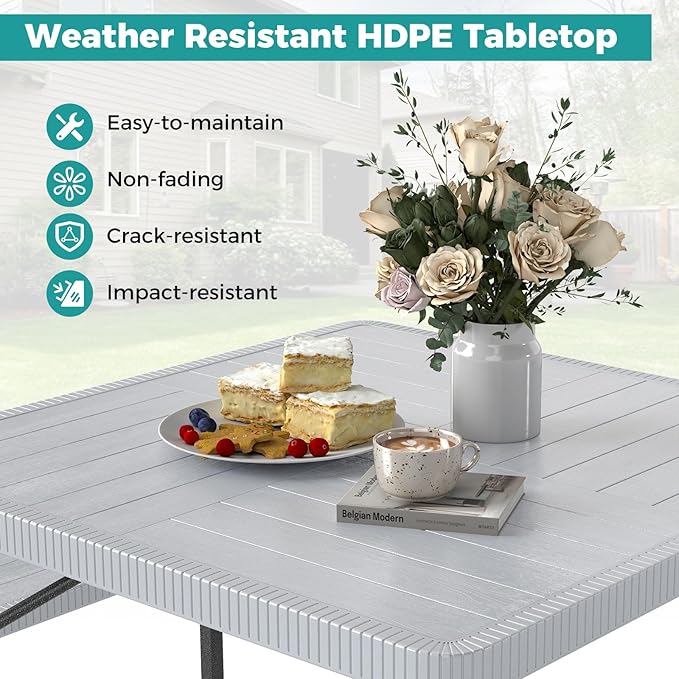 Giantex Picnic Table Bench Set for 4-8 People, 34" Outdoor Square Dining Table & 2 Benches w/Umbrella Hole, HDPE Tabletop, Metal Frame, Patio Camping Furniture for Backyard Porch Lawn (Grey,Square)