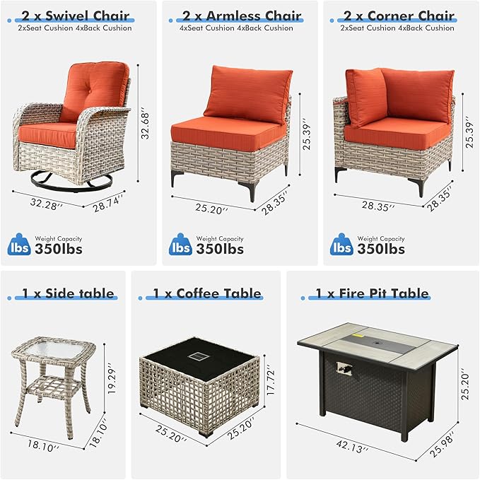 Outdoor Sectional Patio Furniture Set with Swivel Rocking Chairs,9 Pieces Wicker Conversation Sets L Shaped Couch Out Door Sofa Set Outside Furniture for Garden Deck Yard Porch,Orange Red