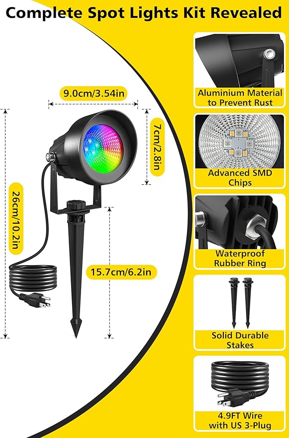 T-SUN Smart Color Changing Landscape Lights, RGBW Halloween Spotlights Outdoor with App & Remote, Music Sync, DIY Scenes, Timing, Dimmable Waterproof Spot light for Yard Garden Tree Decoration, 6 Pack