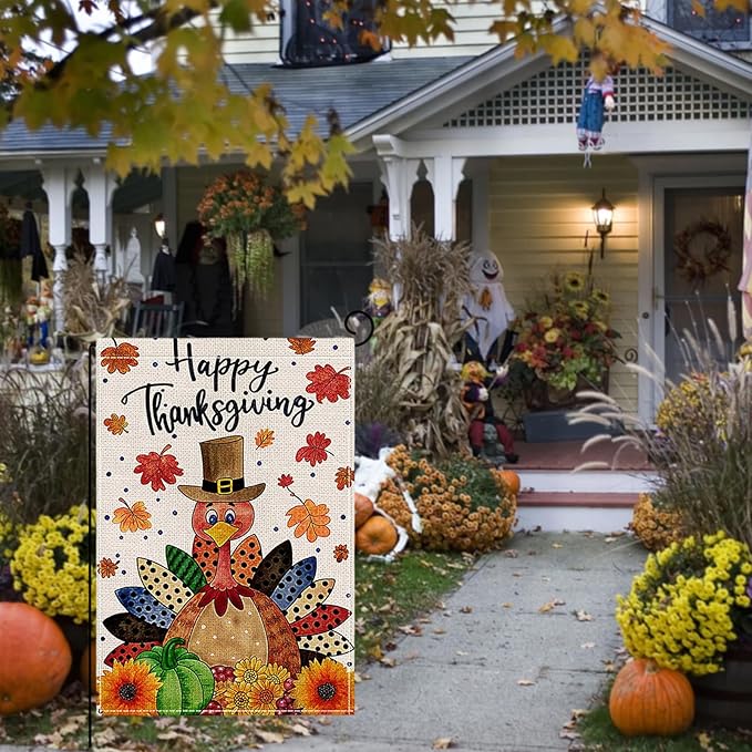 Fall Garden Flag 12 x 18 Inch Double Thanksgiving Sided Cute Turkey Maple Leaves Sunflower Designs Autumn Burlap Yard Flag for Outside Rustic Yard Outdoor Holiday Home Decoration