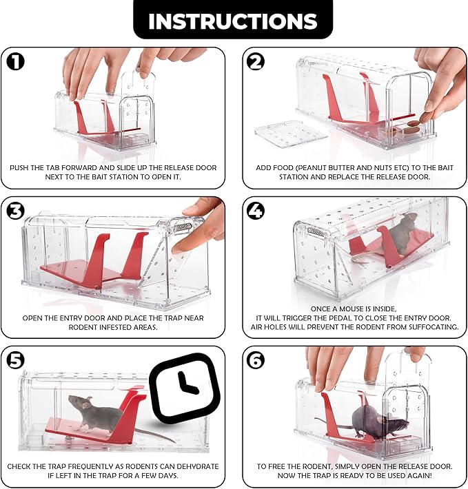 Humane Mouse Trap Pack of 4 - No Kill - Live Mouse Traps Indoor for Home Use - Reusable Rodent Traps for House Indoor, Safe & Effective Rat Trap Outdoor - Humane Mice Control with Cleaning Brush