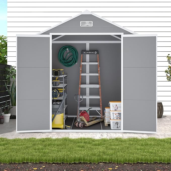 6x5 FT Resin Storage Shed,Garden House with Floor & Lockable Door,Waterproof Plastic Tool Sheds W/Slanting Roof Visual Window & Air Vents for Bicycles,Lawnmowers,Lawn,All Weather Use,Gray