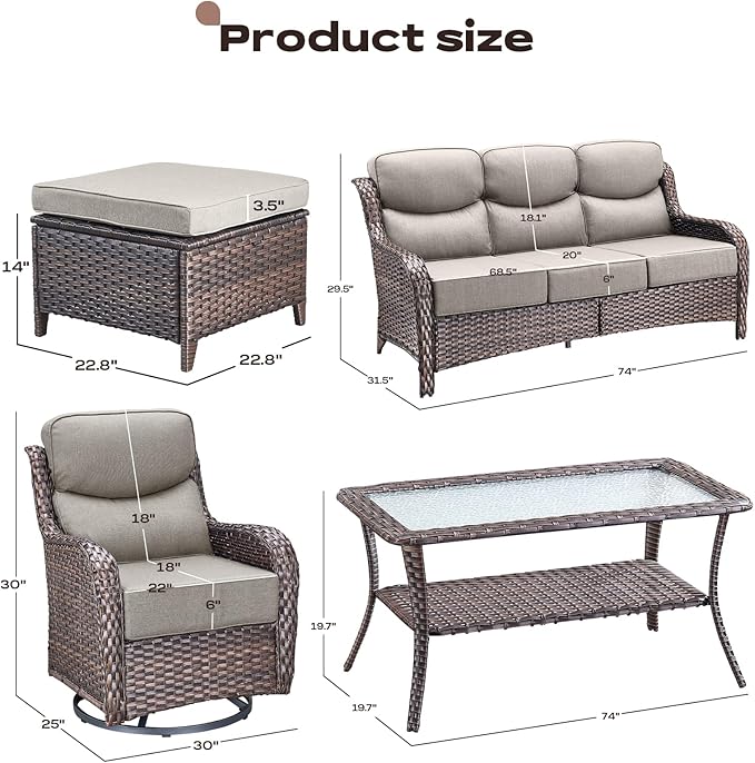 Wicker Outdoor Patio Furniture Set - 8 Piece Patio Conversation Sets with Swivel Rocker Chairs, Ottomans, Sofa and Table, 6 inch Cushions, Deep Seating, for Porch Deck Brown/Beige