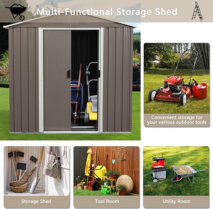 6x5 FT Outdoor Storage Shed, Metal Garden Shed with Frame Floor, Outside Tool Shed with Lockable Sliding Doors, Waterproof Storage Building with Sloped Roof for Backyard, Patio, Lawn, Warm Gray