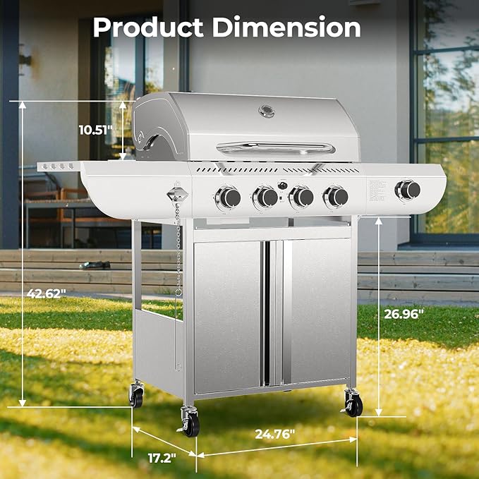 R.W.FLAME 4-Burner Gas Grill with Side Burner, Stainless Steel Propane Grill 42000BTU for Outdoor Cooking, with Porcelain-Enameled Cast Iron Grates, Baking Pan, Silver