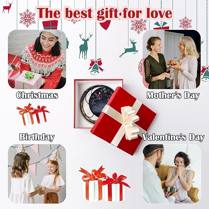 Stained Glass Window Hanging - Black and White Moon Sun Catcher for Door Terrace Garden Home Decor, Abstract Plant Flower Suncatcher Birthday Gifts for Lovers Women Men Dad Mom Nana 11.8 in