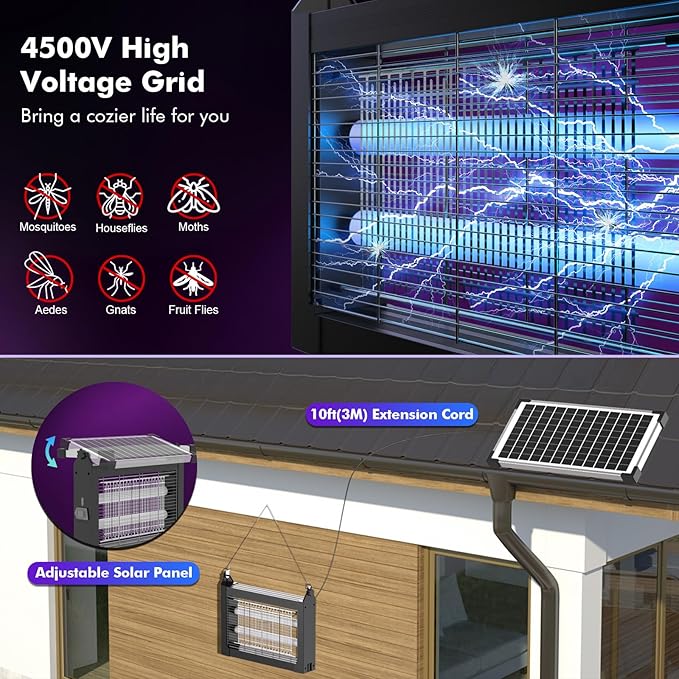 OKK Solar Bug Zapper Outdoor 4500V, Mosquito Zapper Waterproof Electric Fly Zapper with 10W Solar Panel, Rechargeable Mosquito Killer Lamp, Cordless Fly Trap for Patios, Gardens, Camping, Backyard