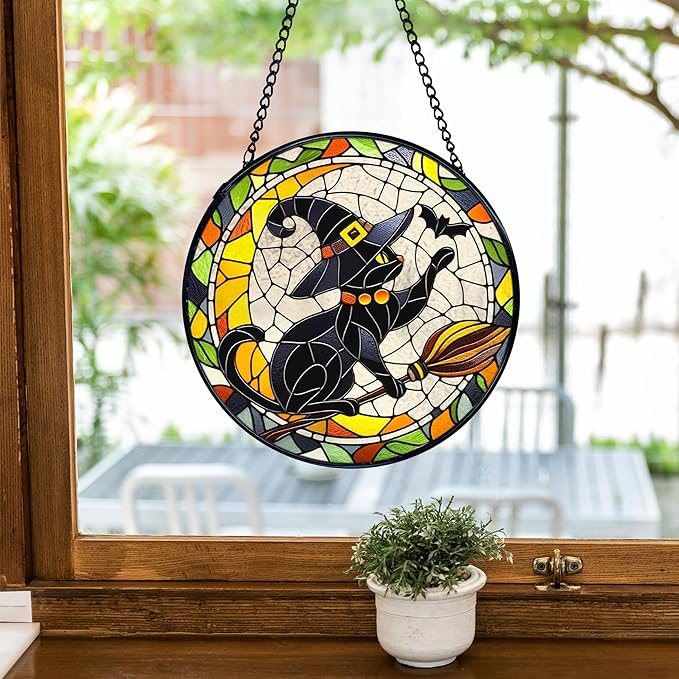 TNUW Halloween Black Cat Stained Glass Window Hanging, Gothic Witchy Black Cat Sun Catchers Indoor Window Glass Round Wall Art Decor, Halloween Wall Hanging Decorations, 7.9＂x7.9＂