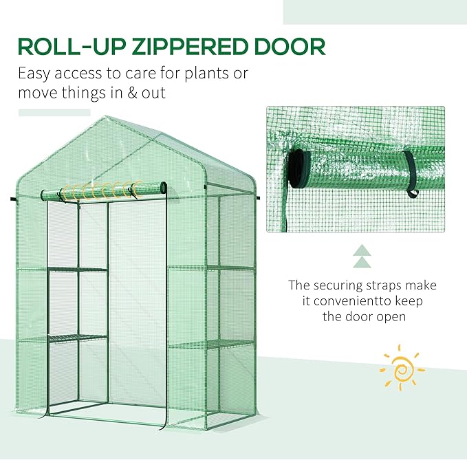 Outsunny 5' x 2.5' x 6.5' Mini Walk-in Greenhouse Kit, Portable Green House with 3 Tier Shelves, Roll-Up Door, and Weatherized PE Cover for Backyard Garden, Green
