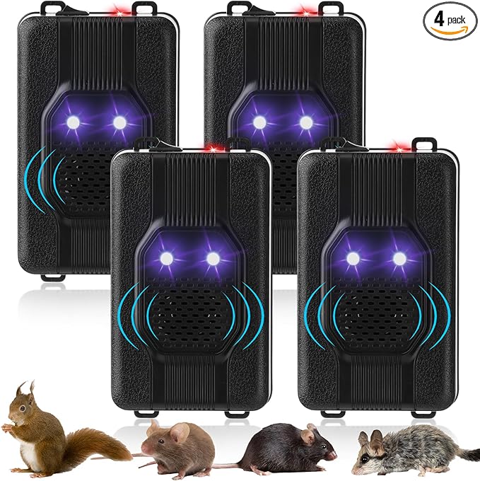 Qualirey Under Hood Rodent Car Repeller Battery Operated Ultra Sonic Car Rat Rodent Electronic Repellent with Strobe Light Pest Car Prevention Keep Animal Mice Out of Cars Engines Garage (4 Pcs)