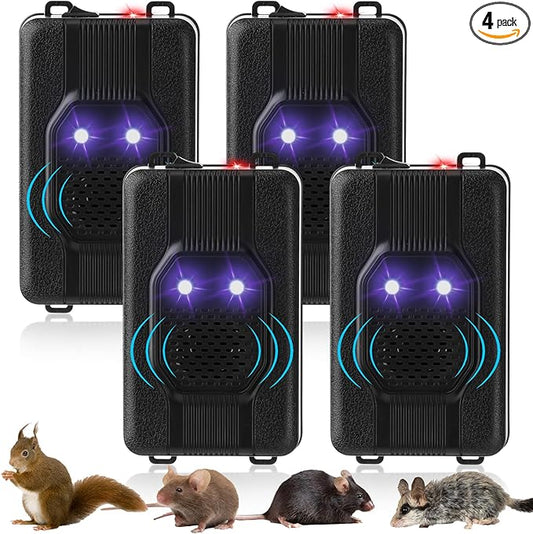 Qualirey Under Hood Rodent Car Repeller Battery Operated Ultra Sonic Car Rat Rodent Electronic Repellent with Strobe Light Pest Car Prevention Keep Animal Mice Out of Cars Engines Garage (4 Pcs)