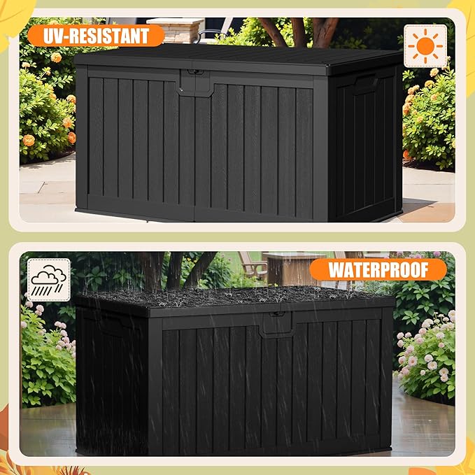 Devoko 240 Gallon Double-Wall Deck Box with Divider, Side Handles, Resin Outdoor Large Storage Box Waterproof and Lockable for Patio Furniture, Garden, Pool (Black)