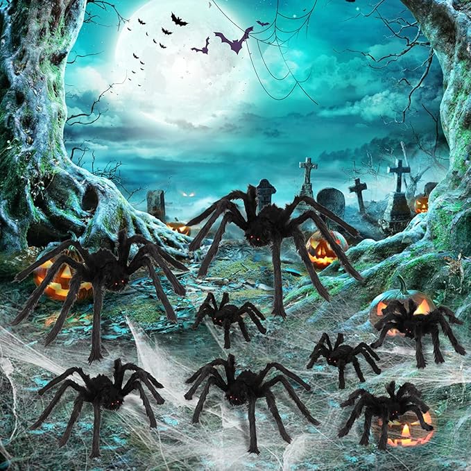 Dreampark Realistic Hairy Spider Decorations - 8 Pcs Scary Spider Props for Indoor/Outdoor House Yard Creepy Halloween Decor